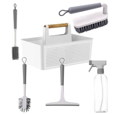 Imagem de Kit Limpeza para Lavanderia Multiuso Branco 6 Peças com Organizador, Escovas, Rodo e Borrifador Ou