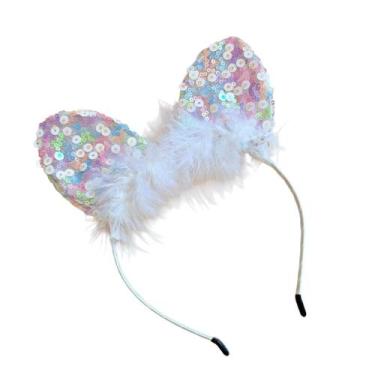 Imagem de Tiara de Gatinho Brilhante com Plumas Coloridas - Pistache Acessórios,
