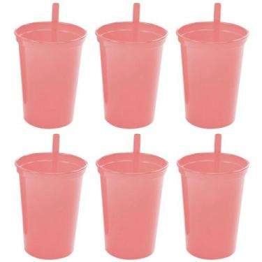 Imagem de Copo infantil com canudo fixo 300ml Plasutil 6 rosa unidades ref. 2581