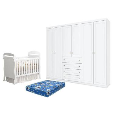 Imagem de Kit Berço Americano Danny MDF Colchão Incluso Branco Acetinado e Guarda Roupa Casal 6 Portas Móveis Henn