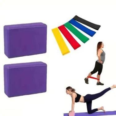 Imagem de Bloco Yoga Pilates Fisioterapia Tijolo EVA 2UNDKit 5 Faixa Elástica Mi