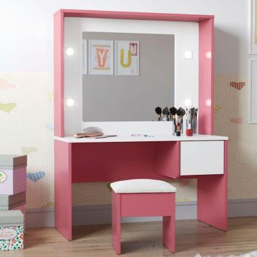 Imagem de Penteadeira Infantil Aquarel com LED MDF-MDP Branco e Rosa OFT Móveis