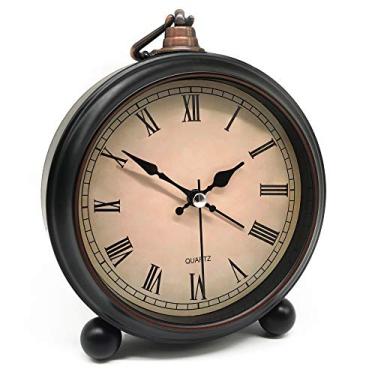 Imagem de Despertador analógico retrô vintage, 10 cm, super silencioso, sem tique-taque, com luz noturna, funciona com pilhas, design simples, para sala de estar, quarto, cabeceira, mesa, relógio de presente (romano)