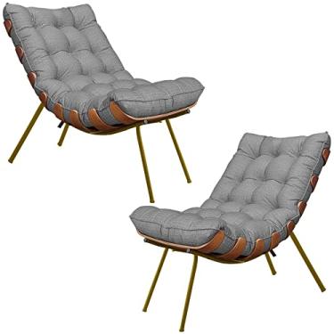 Imagem de Kit 2 Poltronas Decorativas Sala de Estar Abel Base de Madeira Dourada Linho Cinza - Gran Belo