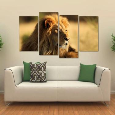 Imagem de Quadro Decorativo Leão Paisagem Animais Em Tecido 4 Peças