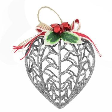 Imagem de Kit Conjunto 9 Peças Decoração Enfeite Bola Coração Árvore Natal Prata Glitter Natalina 11,5cm