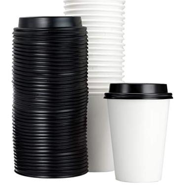 Imagem de Copos de café de papel de grau restaurante 340 ml com tampas de cúpula recicláveis. Pacote com 100 da Avant Grub. Durável, sem BPA, descartável para servir bebidas quentes em quiosques, lojas, cafés e suportes de concessão.