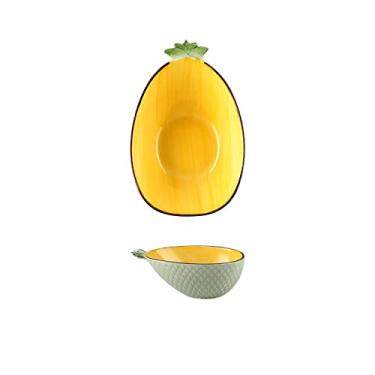 Imagem de Utensílios de jantar de cerâmica tigela de salada em forma de abacaxi criativo bonito prato de cerâmica personalizado talheres tigela de frutas prato de sobremesa (tamanho: tigela/11 * 14,5 * 6cm)