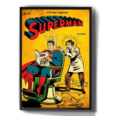 Imagem de Quadro decorativo Emoldurado Superman Cortando Cabelo Vintage hq para sala quarto