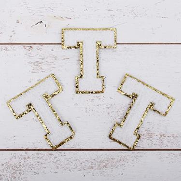 Imagem de Pacote com 3 adesivos de Chenille Iron On Glitter Varsity Letter "T" - Tecido de chenille branco com acabamento dourado - Costurar ou passar - 5,5 cm de altura