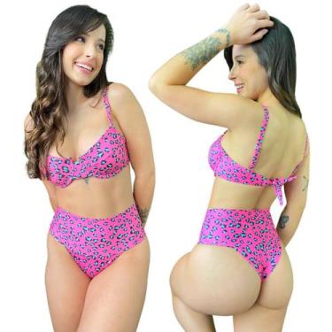 Imagem de Biquíni Hot Pants Faixa Meia Taça Retrô Com Bojo Animal Print Onça Ros
