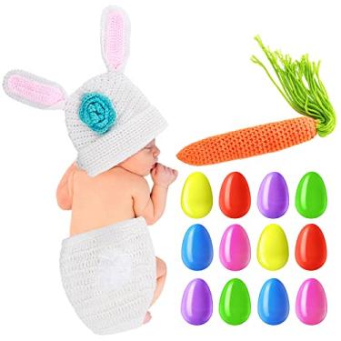 Imagem de Adereço fotográfico de coelho para recém-nascidos, Páscoa, bebês, meninas, fotos, fantasia de coelho feita à mão, incluindo chapéu de crochê de tricô, shorts, cenoura e 12 pacotes coloridos de ovos de Páscoa preenchíveis