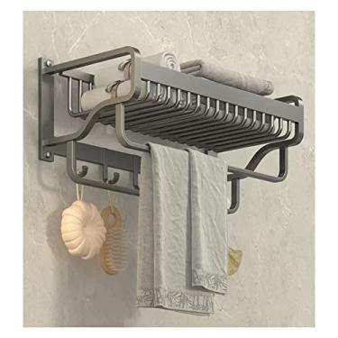 Imagem de KIZQYN Prateleira de banheiro prateleira de parede de banheiro toalheiro com barra de toalha dupla e ganchos fixos suporte de toalha prateleira de banheiro prateleira de toalha de parede, prateleiras de parede de banheiro cinza fosco (tamanho: L47cm)