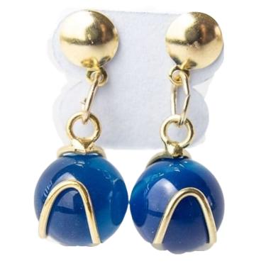 Imagem de Brinco Bolinha Cesta Pedra Agata Azul Pino Banho Dourado