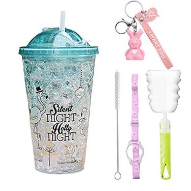 Imagem de Caneca de viagem de flamingo rosa com canudo azul copo gelo verde viagem congelador caneca gelo (verde flamingo, 450 ml)