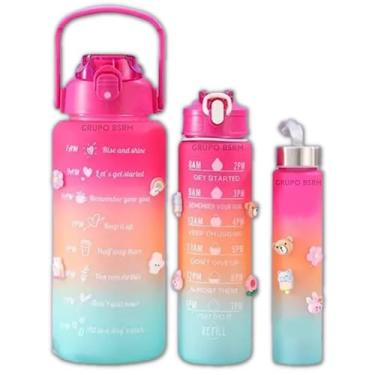 Imagem de Kit 3 em 1 Garrafa Motivacional Academia Água Galão Fitness Adesivos 3D 2D Antivazamento (Rosa)