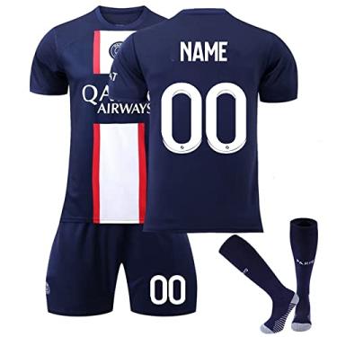 Imagem de BYBEST Conjunto de camisa infantil de futebol PSG personalizado com nome de número personalizado camiseta de futebol para crianças/adultos fã de futebol esportivo, Azul, 18 Years