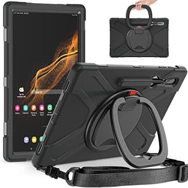 Imagem de PboyiqiS Capa resistente para Galaxy Tab S9 Ultra 2023/S8 Ultra 14,6 polegadas 2022, híbrida com suporte para caneta S, resistente a quedas com alça de ombro e recortes precisos (Preto)