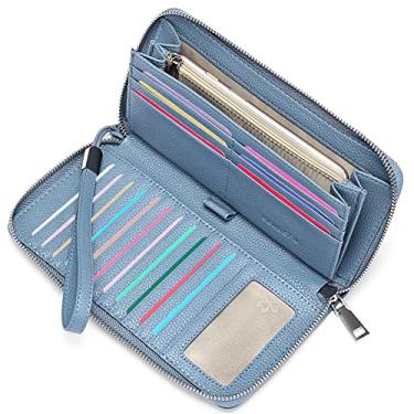 Imagem de SENDEFN Carteira feminina de couro, bloqueio de RFID, zíper em torno de grande capacidade, carteira longa com porta-cartões de crédito, 2-azul-natural-1, Carteiras femininas de couro com bloqueio RFID