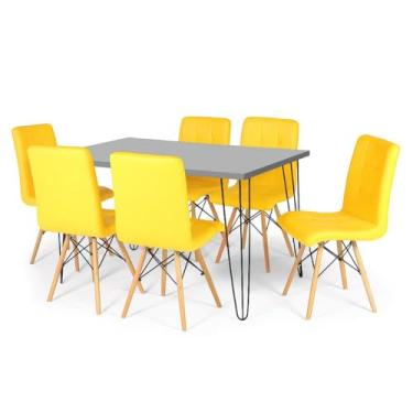 Imagem de Conjunto Mesa de Jantar Hairpin 130x80 Volpi com 6 Cadeiras Eiffel Gomos - Amarelo