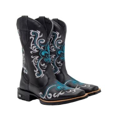 Imagem de Kit Bota Texana Western Feminina Texas Gold Bordado Preta Flor De Liz