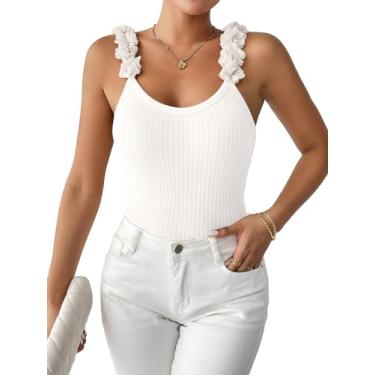 Imagem de BEAUDRM Camiseta feminina casual 3D detalhe de flores alças finas sem mangas gola redonda slim fit body frente única cami camiseta, Branco, P