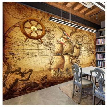 Imagem de TUYIFA Papel de parede 3D papel de parede retro mapa náutico sala de estar quarto TV sofá fundo mural de parede (118" x 83" (300x210cm), pano de seda)