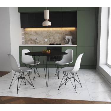Imagem de Mesa de Jantar Redonda 90cm Preta Clips 3 Pés Preto com 4 Cadeiras Eames Eiffel Brancas Base Preta