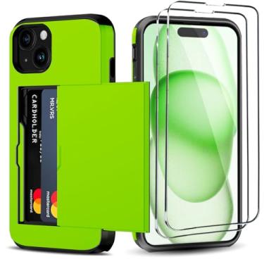 Imagem de Benbenjaytek Capa carteira para iPhone 15 Plus com suporte para cartão + 2 películas de vidro temperado, camada dupla à prova de choque com compartimento oculto para cartões, capa fina feminina e masculina de 6,7 polegadas (verde claro)