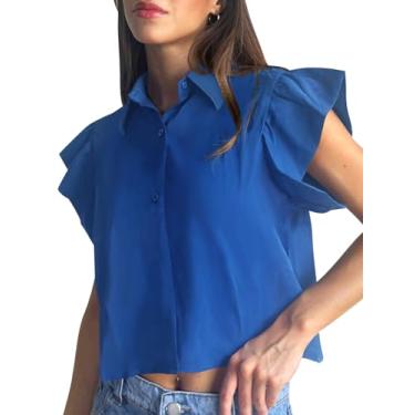 Imagem de Tankaneo Blusa feminina casual de verão com botões e manga com babados, Azul, M
