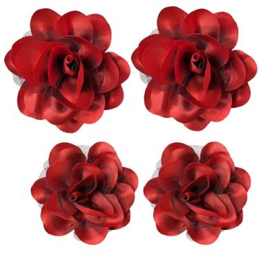 Imagem de Broches femininos 4 peças flor rosa grampo de cabelo flamenco dançarina pin up mexicano grampos de cabelo grampo de cabelo broche chá festa chapéus chapéus headpieces (vermelho quente)