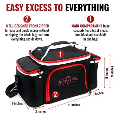 Imagem de Bolsa térmica isolada pela Outdoorwares, grande capacidade, durável, para manter alimentos e bebidas na temperatura certa – boa para viagens, piquenique, caminhadas na praia, acampamento, etc. (recipientes não incluídos) preto e vermelho