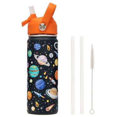 Imagem de ACESAK Garrafa de água infantil isolada de 510 g com tampa de canudo - copo infantil de aço inoxidável 18/8 sem BPA, copo de viagem de parede dupla, à prova de vazamento, portátil (espaço)