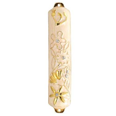 Imagem de Matashi Mezuzá esmaltada branca pintada à mão enfeitada com um design floral com cristais dourados