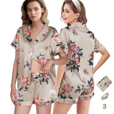 Imagem de 3 peças de pijama de seda PP-4GG feminino pijama de cetim curto floral pijama noiva macio pijama conjunto de shorts, Champanhe pálido - a18, GG