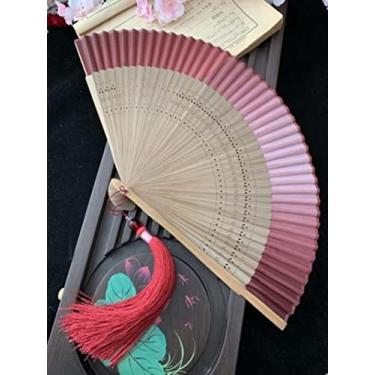 Imagem de YQHWLKJ Leque dobrável estilo japonês, leque feminino de seda real, flor pequena esculpida, gradiente, leque em branco para presentes de aniversário, cosplay, casamento, decoração de casa