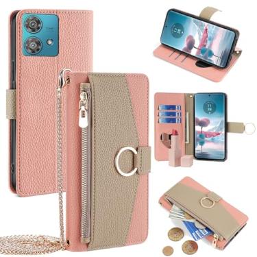 Imagem de YOUULAR Capa carteira com alça transversal compatível com Motorola Edge 50 Ultra, capa magnética com bolso com zíper, couro PU, capa à prova de choque com suporte, rosa