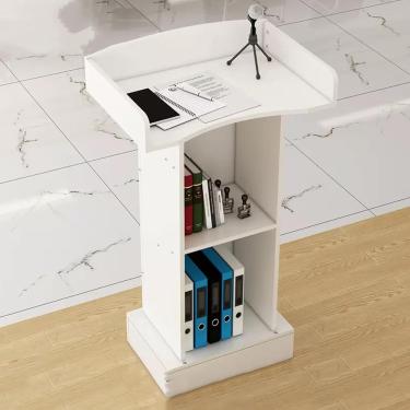 Imagem de Pódio de púlpito de igreja de 46" com gaveta, suporte para palestras de ensino com placa defletora e armário de armazenamento, púlpito de piso móvel, para salas de aula/escritório/conferênci