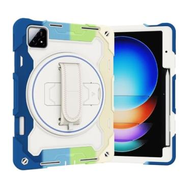 Imagem de Capa com suporte robusto para Xiaomi Pad 6S Pro 12.4 2024 capa de silicone segura para crianças com slot para caneta, alça de mão giratória 360 para tablet (azul arco-íris, para Pad 6S Pro 12.4 2024)