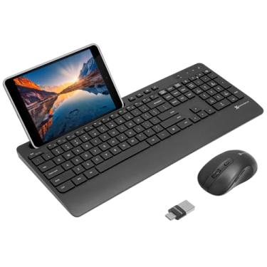 Imagem de Combo de teclado e mouse USB-C sem fio X9 – Compatibilidade de porta dupla (USB C + A) – Combo de teclado de mouse versátil sem fio com suporte de telefone de 8 polegadas e 113 teclas
