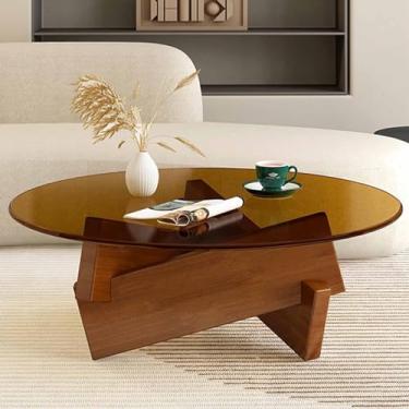 Imagem de Mesa de centro moderna de vidro redondo para sala de estar, com base de madeira resistente, mesa central de meados do século, mesa de coquetel circular grande