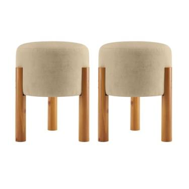Imagem de Kit 2 Puff Redondo Estofado com Pés em Madeira Banqueta Elegante (AREIA)