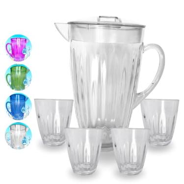 Imagem de Jarra de Acrílico 2L com Tampa Mais 4 Copos 400ml para Suco, Água, Chá Gelado, Bebidas (JOGO 4 COPOS E JARRA CRISTAL)