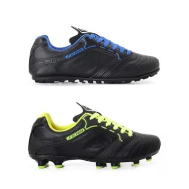 Imagem de Kit Dois Pares Chuteira Couro Legitimo Preto Society Campo Gramado Sola Colada Costurada (Preto, BR, Adulto, Numérico, 36)