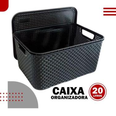Imagem de Caixa Organizadora Cesto Rattan Com Tampa Preta 20 Litros Organizador 