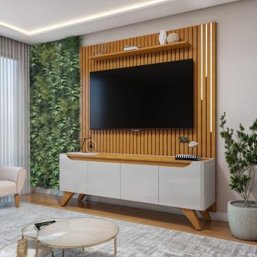 Imagem de Conjunto Rack Grécia 180cm com Painel Ripado com Led para Tv de até 75 Polegadas com Led Paris Off White/Naturalle