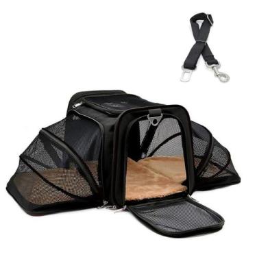 Imagem de Bolsa Pet Transporte Avião Viagem Expansível Preto + Cinto de Seguranç
