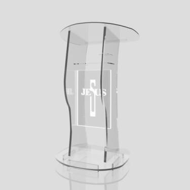 Imagem de Púlpito em Acrílico para Igreja e/ou Eventos com Gravação e Led grátis Mod. Jonas Transparente (Tradicional, Moderna ou Sem Gravação) Cores em Led. (Grav. "Jesus" Moderno, LED BRANCO)