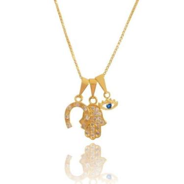 Imagem de Colar Gargantilha Corrente e Pingente Patuá Olho Grego Ferradura e Mão