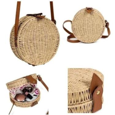 Imagem de Bolsa Redonda Blogueira Palha Tendência Moda Verão Estilosa Alça Longa